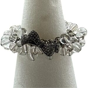 Rhinestone Bow Charm Stretch Bracelet Clear Glass Beads Silver Tone Coquette